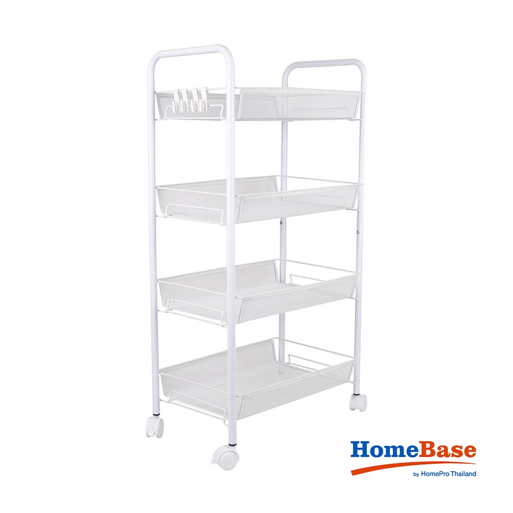 HomeBase STACKO Kệ 4 tầng bằng lưới thép có bánh xe có 4 móc treo IVY W45xH85xD26cm màu trắng