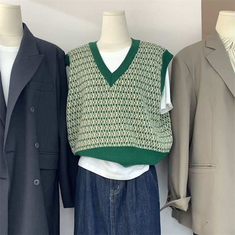 Áo Không Tay Cổ Chữ V Màu Sắc Tương Phản Phong Cách retro Hàn Quốc Dễ Phối Đồ