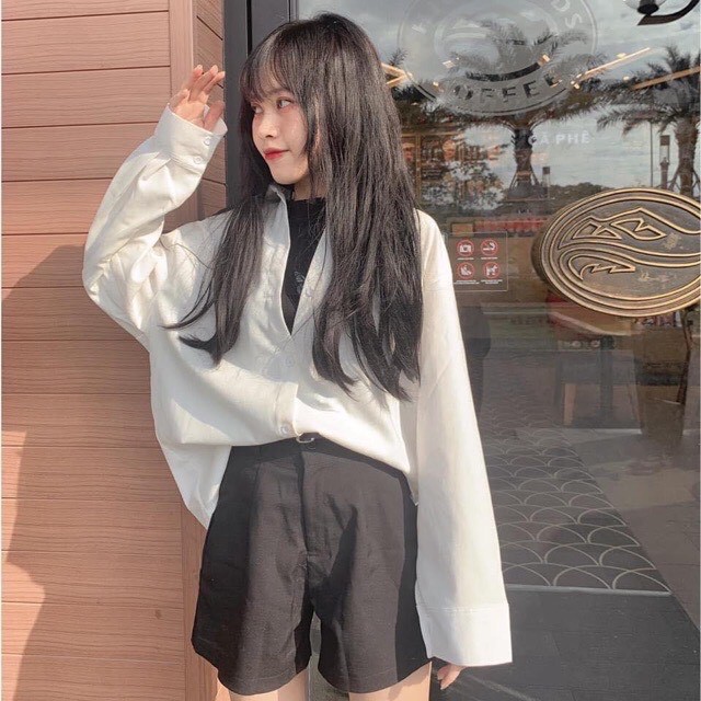 Áo sơ mi nữ tay dài, áo công sở tay dài form rộng vải kate oversize màu trắng