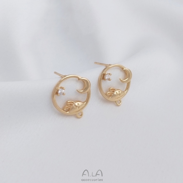 Bông Tai Mạ Vàng 14K Đính Đá Zircon Hình Thỏ / Mặt Trăng Nhiều Màu Sắc diy