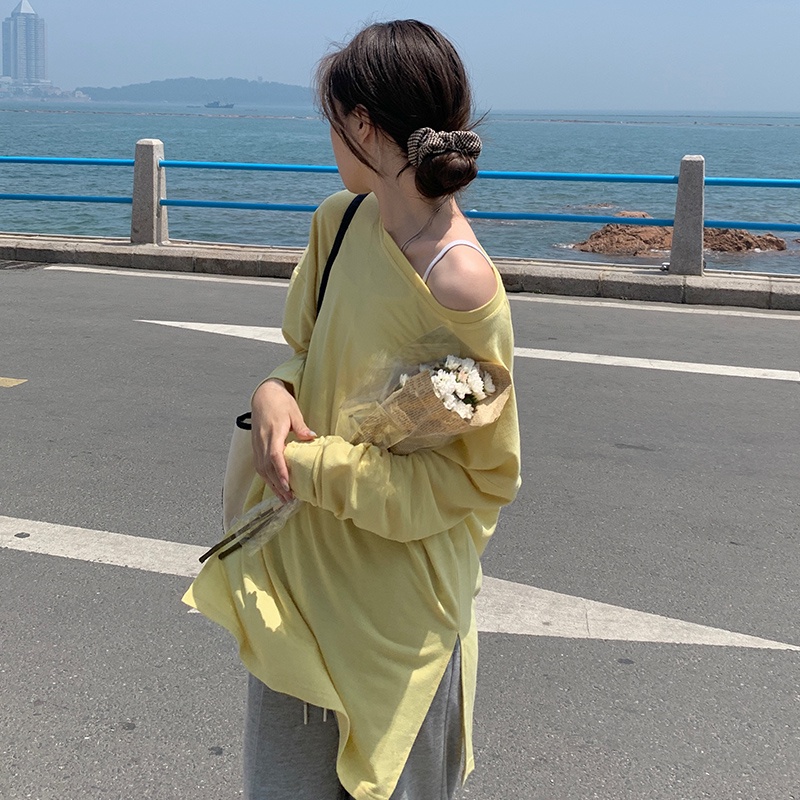 Áo Thun Tay Dài Dáng Rộng Xẻ Tà Kiểu Hàn Quốc Thời Trang Mùa Thu Cho Nữ