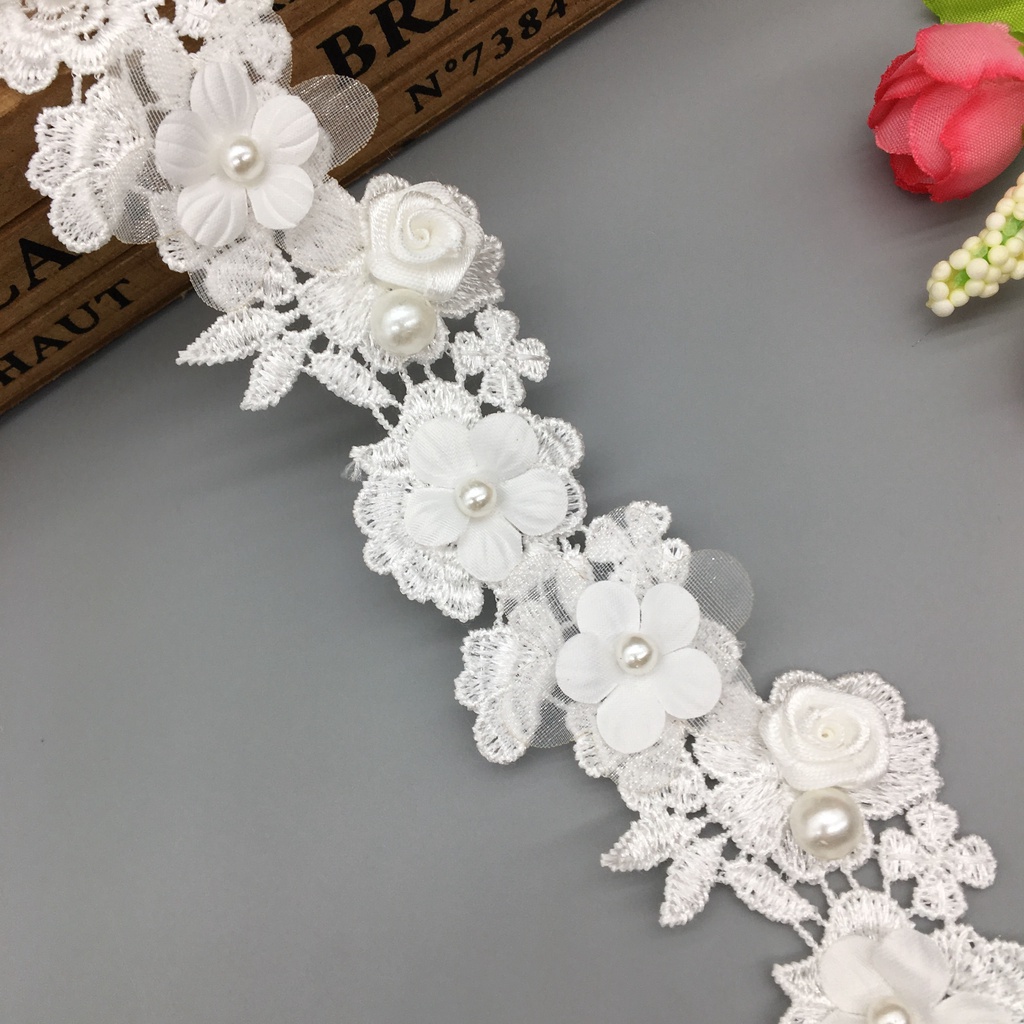 1 Yard Dây Ruy Băng Thêu Hoa Hồng Ngọc Trai Trắng Trang Trí Đám Cưới