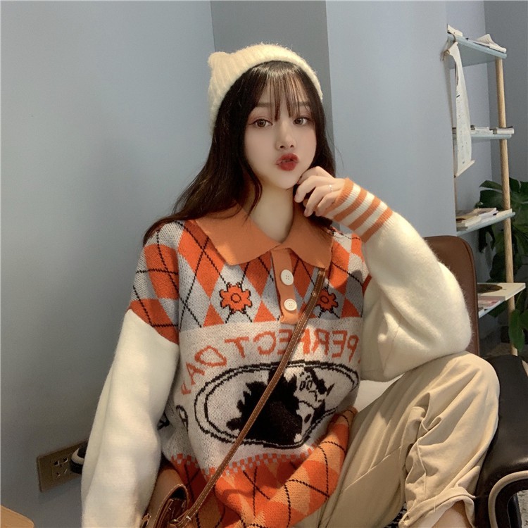 Áo len nữ tay dài cổ áo polo sơ mi màu nổi ulzzang