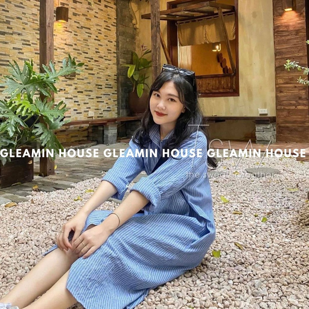 Xả Kho Váy Sơ Mi Kẻ Sọc Xanh Dài Tay Nữ - Đầm midi form rộng cài khuy