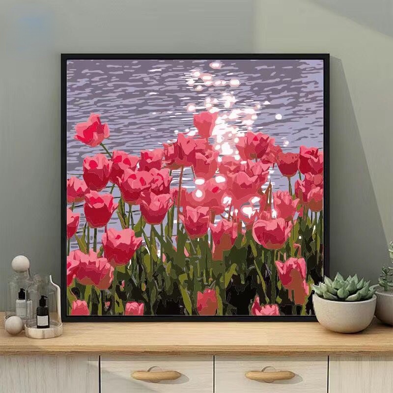 Hàng Mới❤[30 * 30/40 * 40cm] Tranh tô màu theo số / Hoa tulip-Hoa tươi nhỏ chữa bệnh /Gia đình hoạt hình / Tự làm quà tặng độc đáo / Buzz Lightyear / Strawberry Bear/  không có khung -Tranh tô màu theo số hoa
