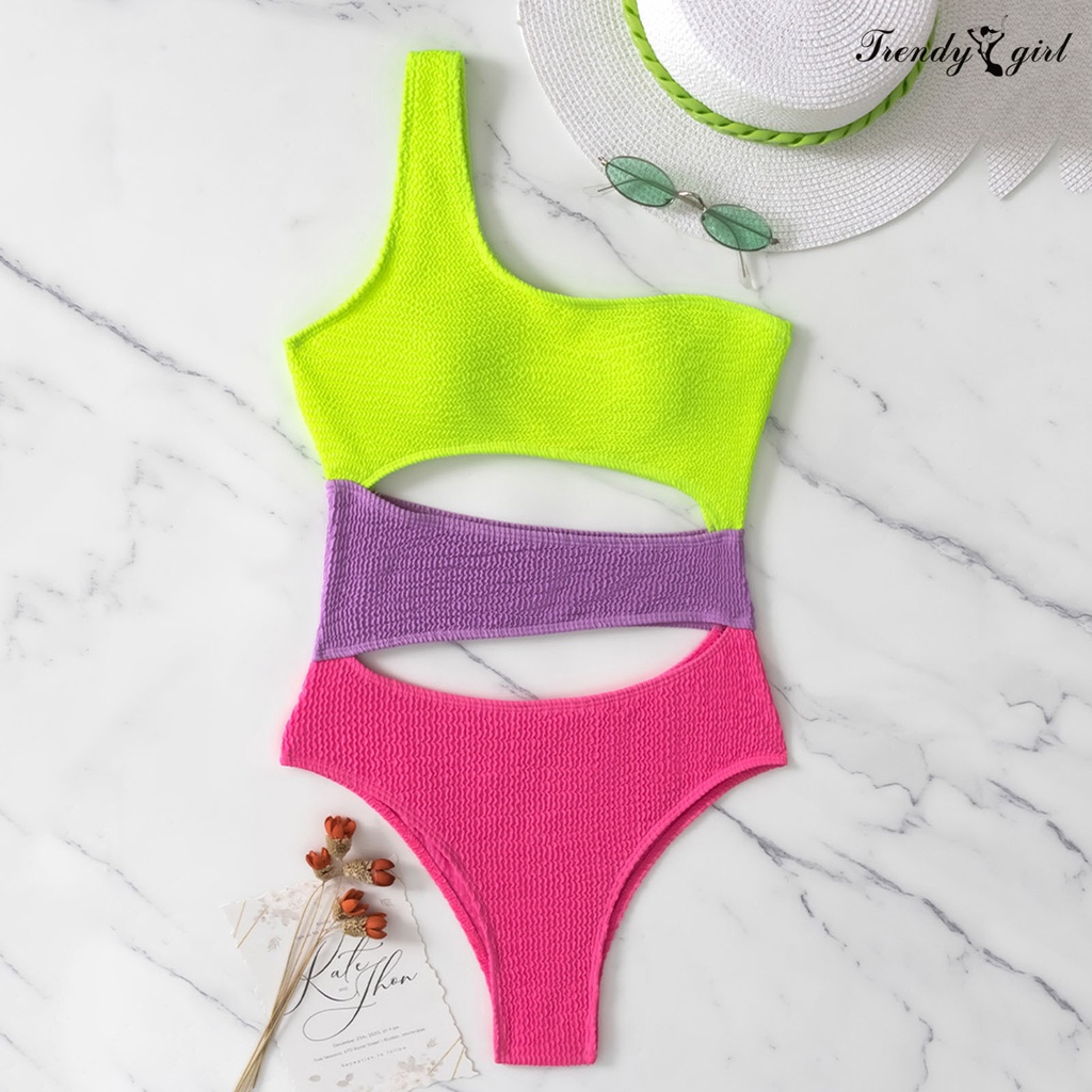 Đồ Bơi Một Mảnh Hở Một Bên Vai Màu Tương Phản Thời Trang Cho Nữ