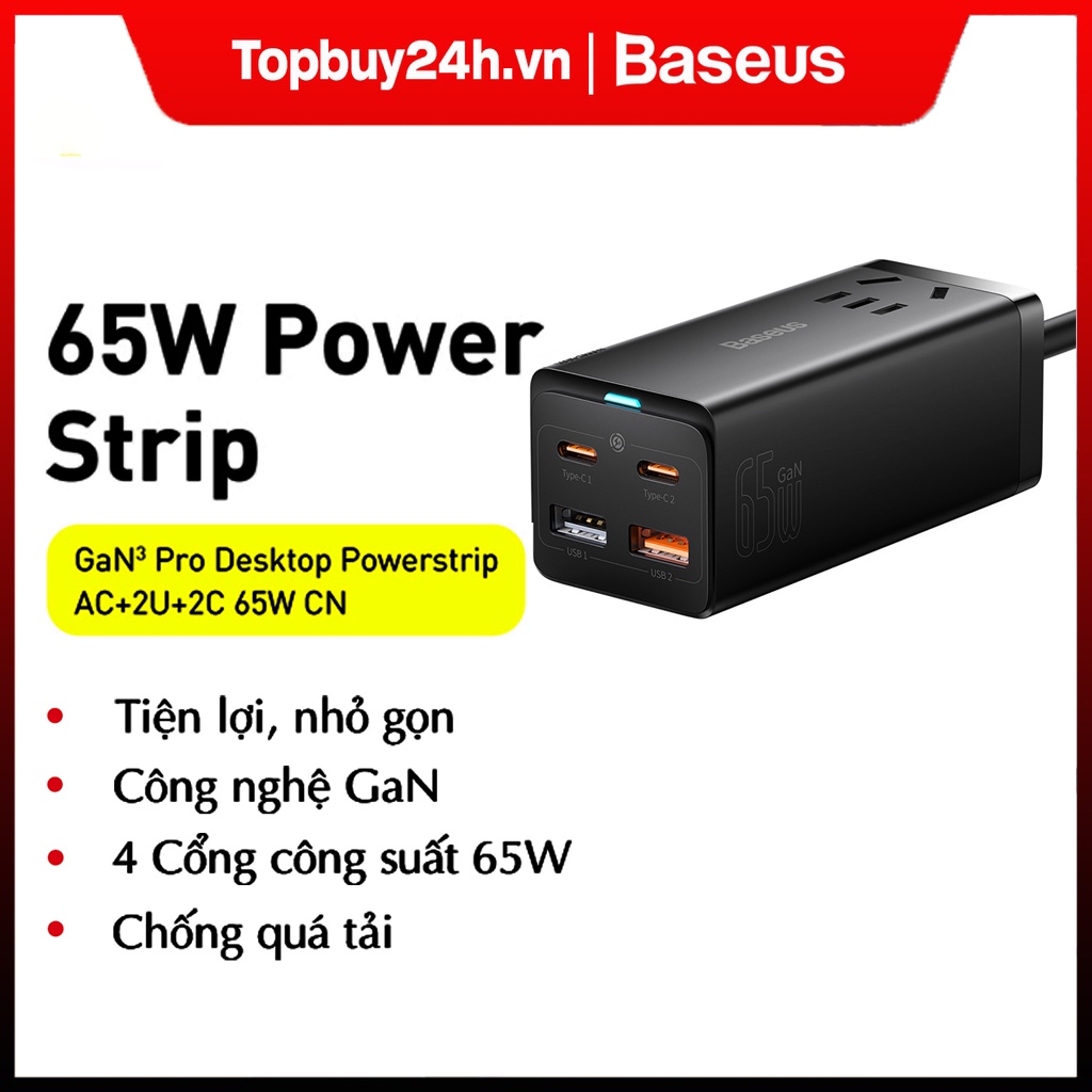 Củ Sạc Nhanh Đa Năng Baseus 65W Gan3 Pro Desktop Powerstrip cho iPhone 13 12 Pro Max, Desktop, Laptop.