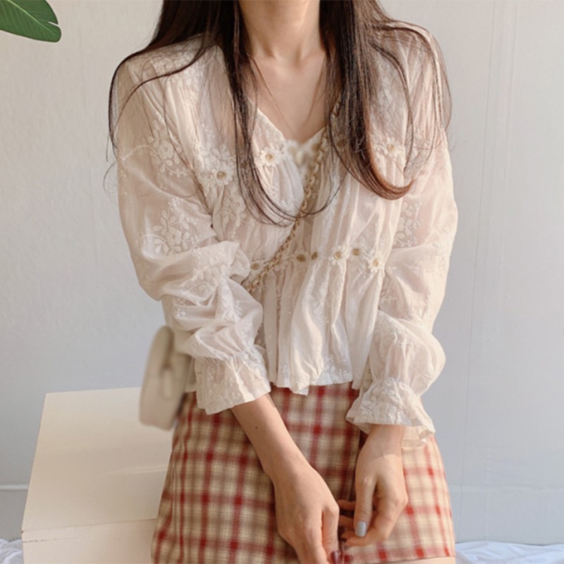 Áo kiểu cổ chữ V phối ren hoa phong cách Hàn Quốc thanh lịch dành cho nữ