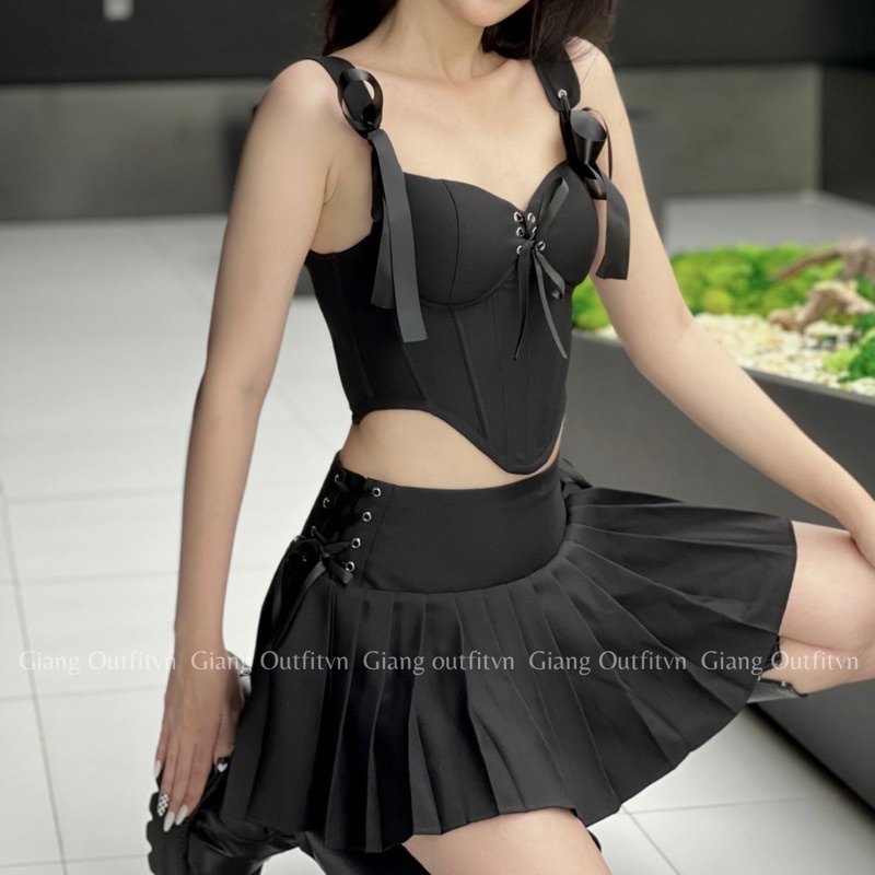 Set áo Croptop Corset và chân váy ngắn xếp li xoè | FICOSET