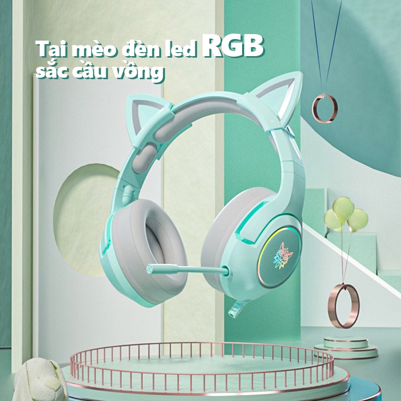 ONIKUMA K9 Tai nghe chơi game tai mèo màu xanh lá dễ thương có micro, cho máy tính, điện thoại PC PS5, PS4, Xbox.