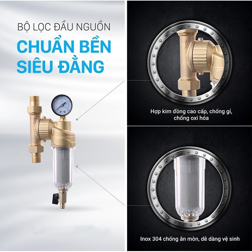 lọc nước sinh hoạt cốc lọc thô đầu nguồn VS-1101 Chất Liệu Đồng cao cấp cổ xoay360 độ đa năng lõi lọc thép