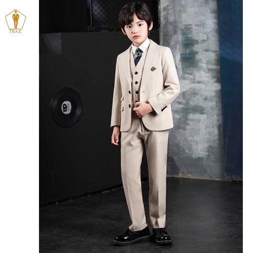 Bộ set vest TRAZ trẻ em bé trai con nít màu be kem 10-45kg(áo vest, quần, gile, nơ)(bé mập tròn tăng 2 size)
