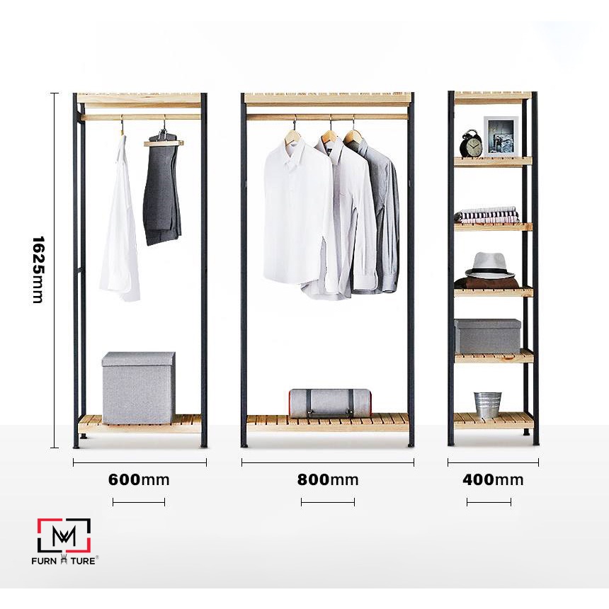 Combo tủ treo quần áo gỗ khung sắt tĩnh điện màu đen cao cấp MW FURNITURE - Combo iron closet - Nội thất căn hộ