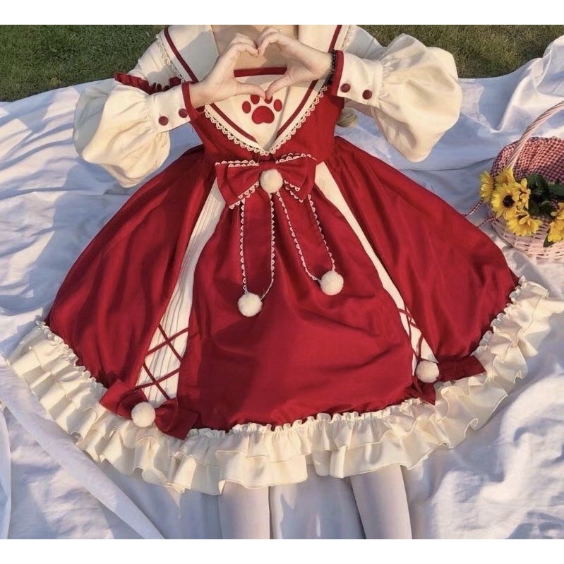 Đầm lolita màu trơn mềm mại in hình dấu chân mèo đáng yêu cho nữ