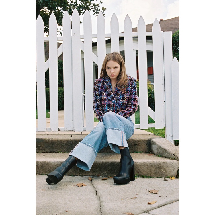 Áo khoác blazer z.ara croptop vải tweed hoạ tiết màu