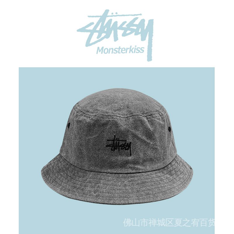 Mũ bucket chính hãng STUSSY SR-STUDIO màu xám sờn in logo nhỏ thời trang đường phố dành cho cặp đôi/ người lớn tuổi