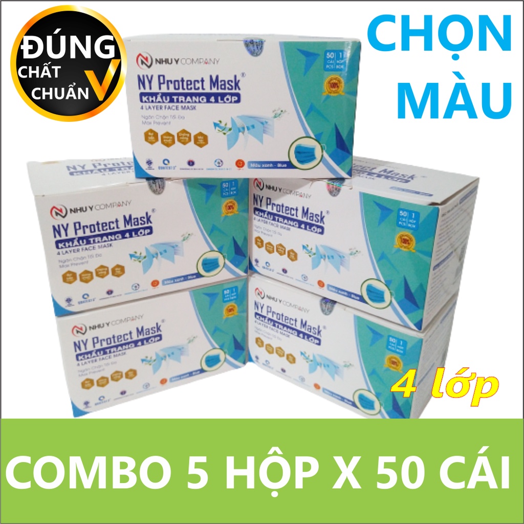 Combo 5 hộp khẩu trang y tế 4 lớp dày dặn Như Ý bảo vệ vượt trội, đeo thoải mái ĐÚNG CHẤT ĐÚNG CHUẨN