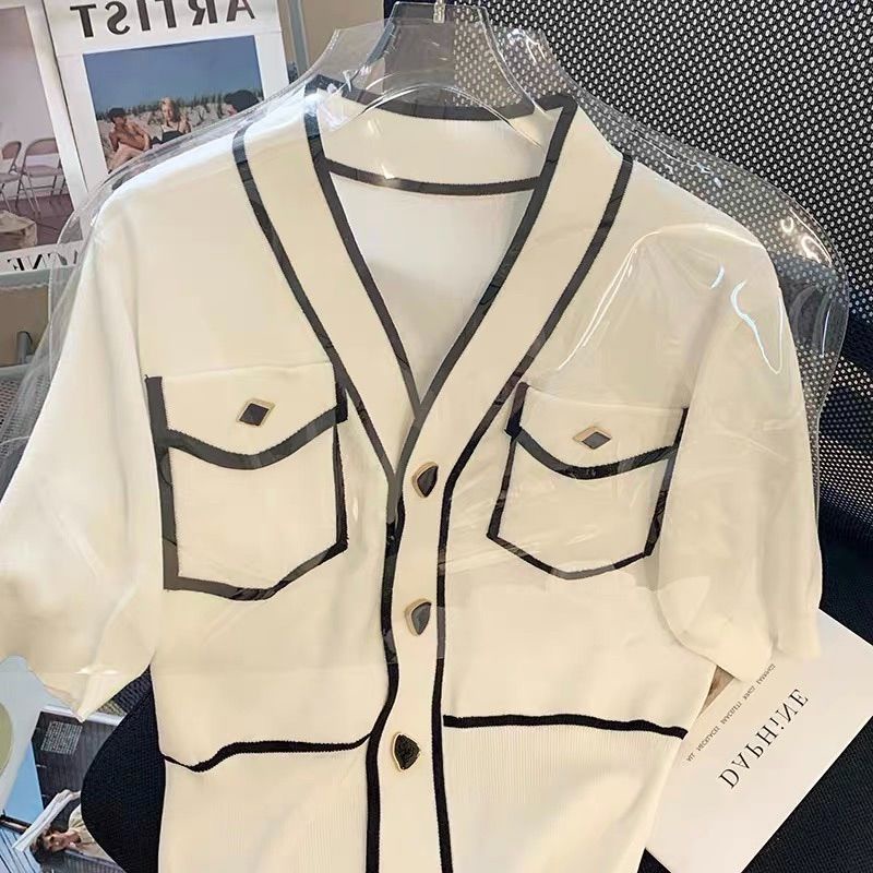 Áo kiểu Pure Cube ngắn tay cổ chữ V phối màu phong cách chÂu Âu thời trang mùa hè cho nữ