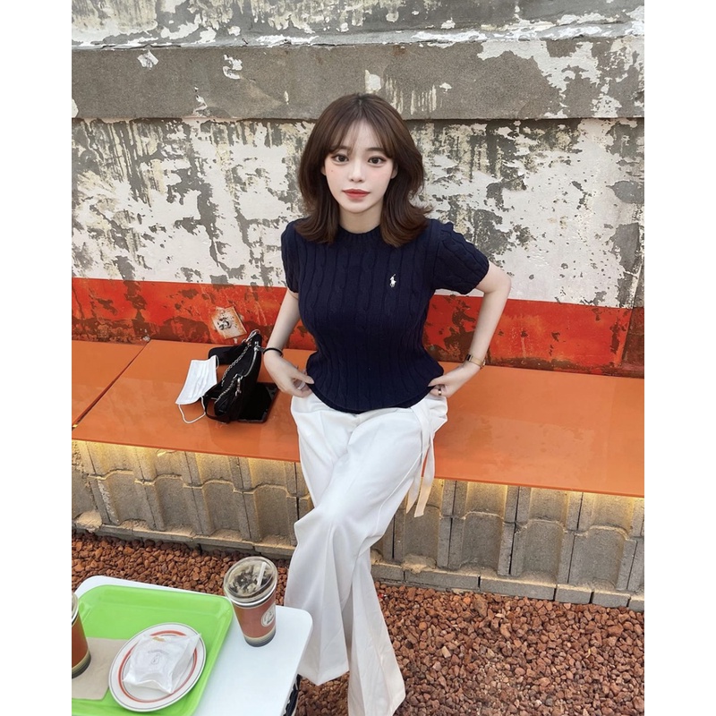 Áo Thun Dệt Kim Ngắn Tay Cổ Tròn Màu Trơn Thời Trang Retro Cho Nữ