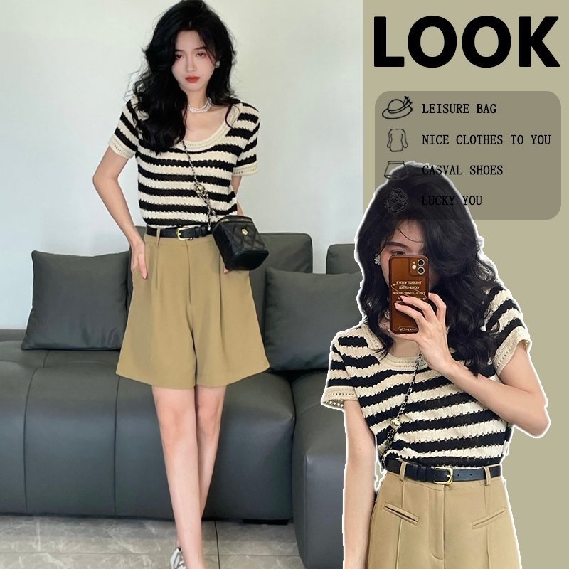 QADCOL  Áo Dệt Kim Ngắn Tay Thời Trang Mùa Hè Hàn Quốc Cho Nữ