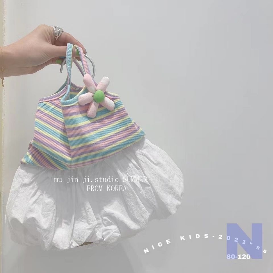 Bộ Áo Sát Nách Kẻ Sọc Cầu Vồng + Quần Short Thời Trang Mùa Hè Hàn Quốc 2023 Mới Cho Bé Gái