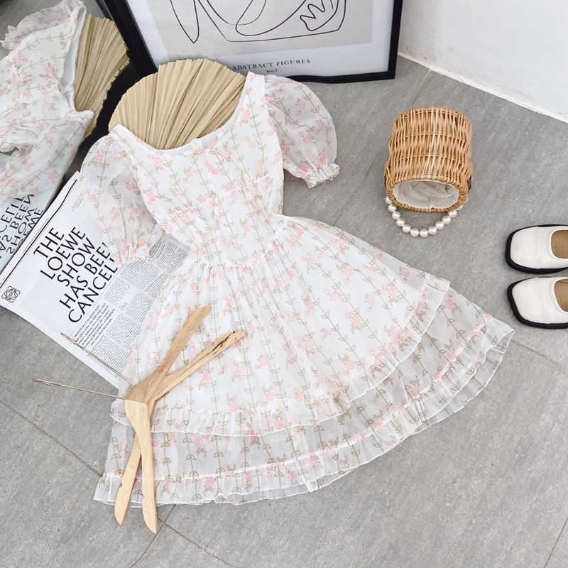 ĐẦM HOA HỒNG TAY BO BBD TẦNG BÈO