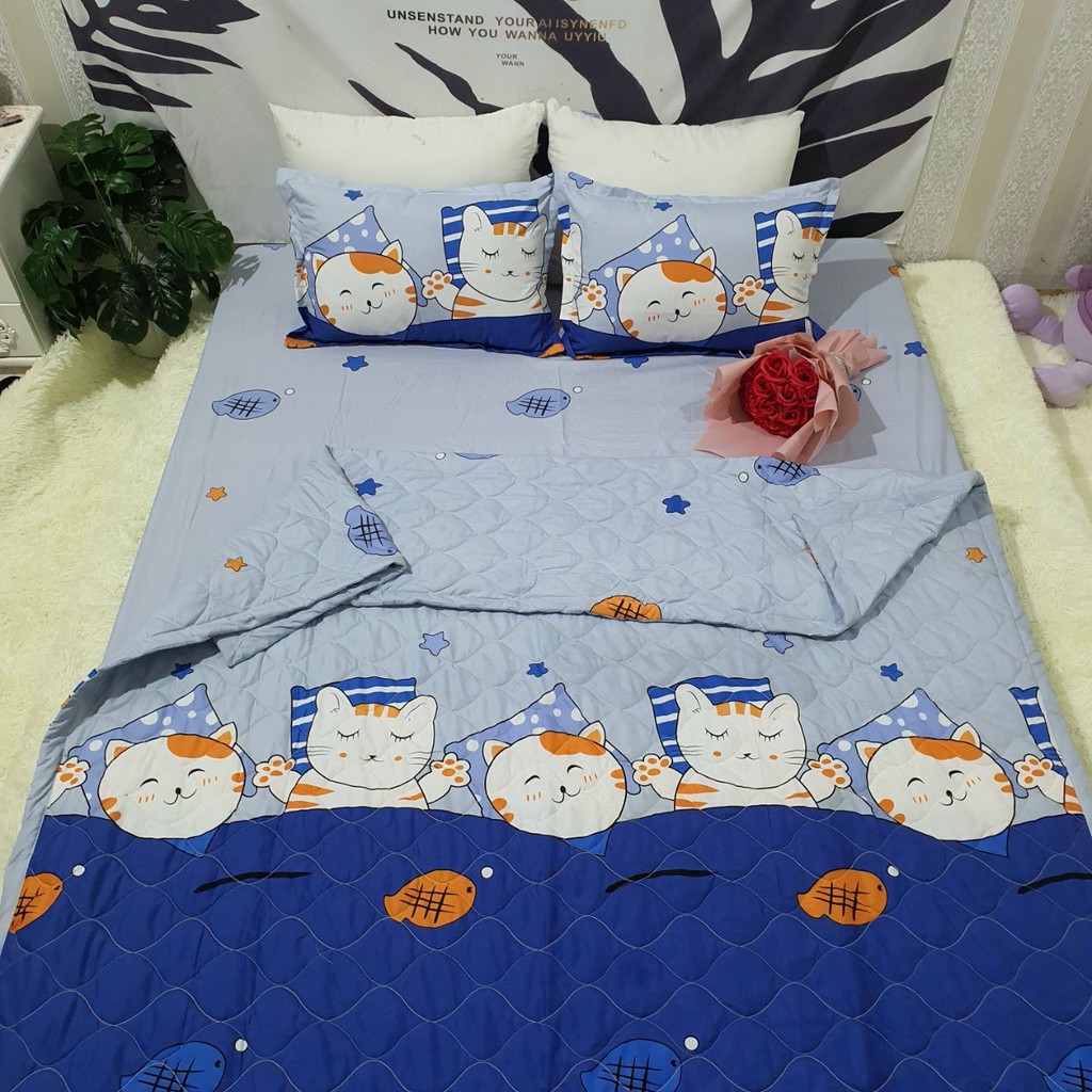 SET 4 MÓN CHĂN HÈ TRẦN BÔNG KÈM GA GỐI COTTON POLY MẪU MÈO CÁ XANH( ĐỦ KÍCH THƯỚC)