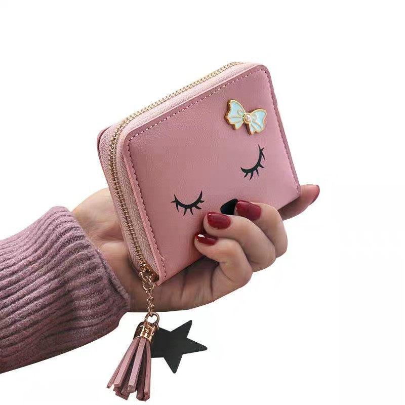 Ví Ngắn Gấp Gọn Phối Khóa Kéo Và Tua Rua Dễ Thương Dành Cho Nữ