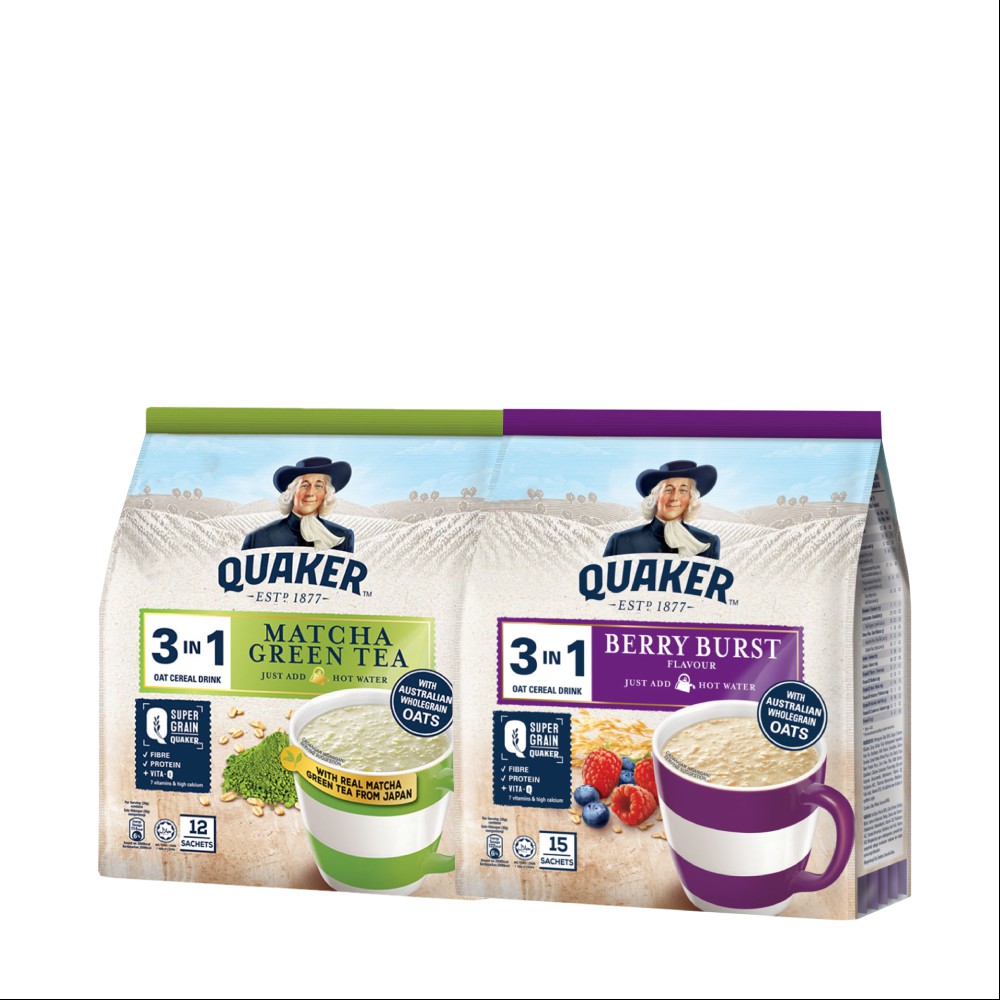 [Mã GRO1APR giảm 20K đơn 150K] Combo 2 Túi Thức Uống Yến Mạch Quaker 3in1 Vị Matcha 336g &amp; Berry Burst 450g