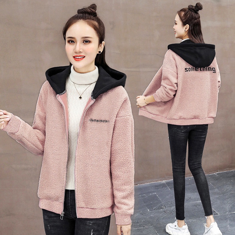 Áo Khoác Cardigan Có Mũ Trùm Tay Dài Bằng Lông Cừu Giả Màu Sắc Tương Phản Thời Trang Thu Đông Phong Cách Hàn Quốc Dành Cho Bạn Gái