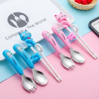 Set thìa dĩa đũa tập ăn Happy cat