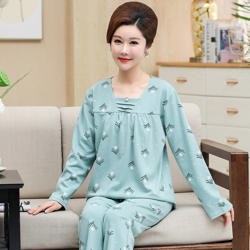 đẹp khuyến mãiBộ đồ ngủ dành cho bà mẹ trung niên mùa xuân và thu Vải thun cotton dài tay người già cỡ lớn phù