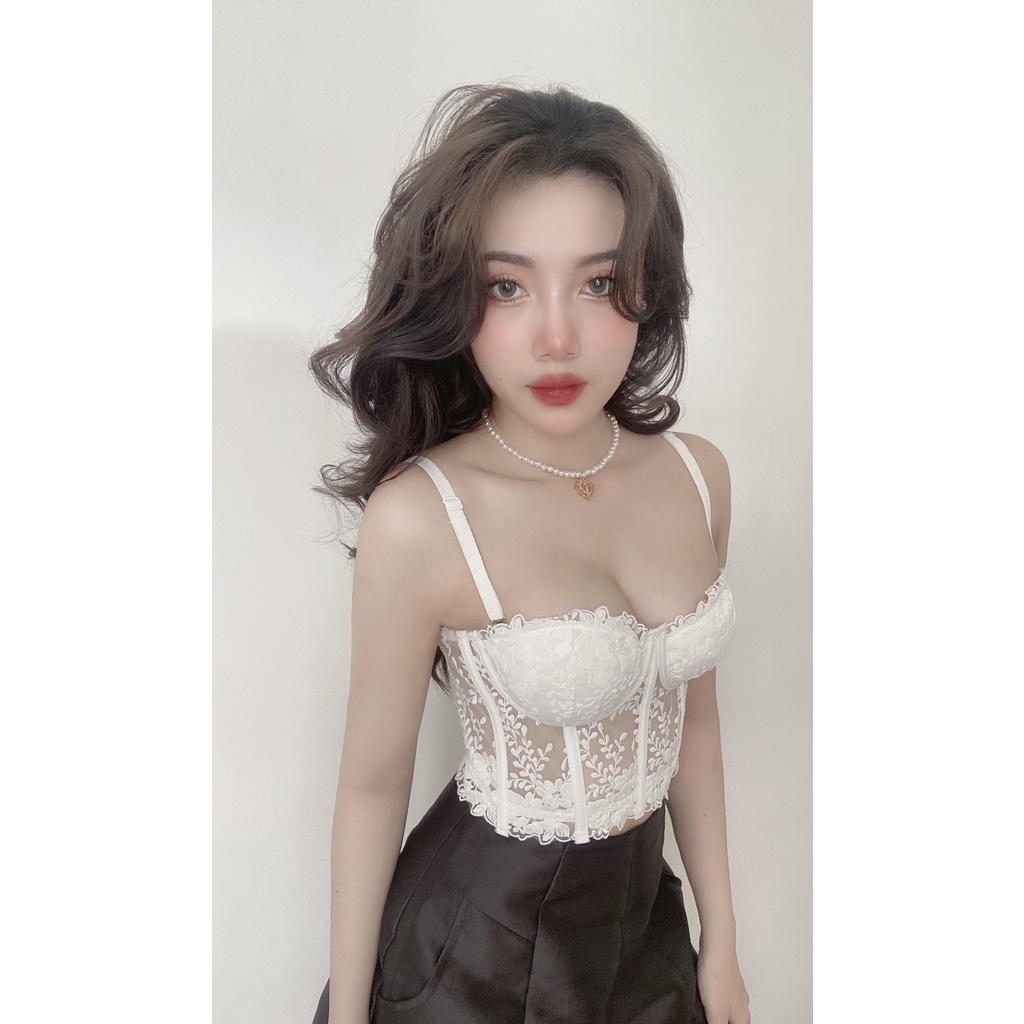 Áo corset / Áo croptop ren thêu hoa có gọng và mút