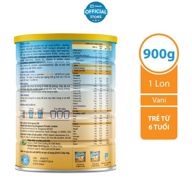 Sữa bột Abbott Grow Gold 6+ 900g