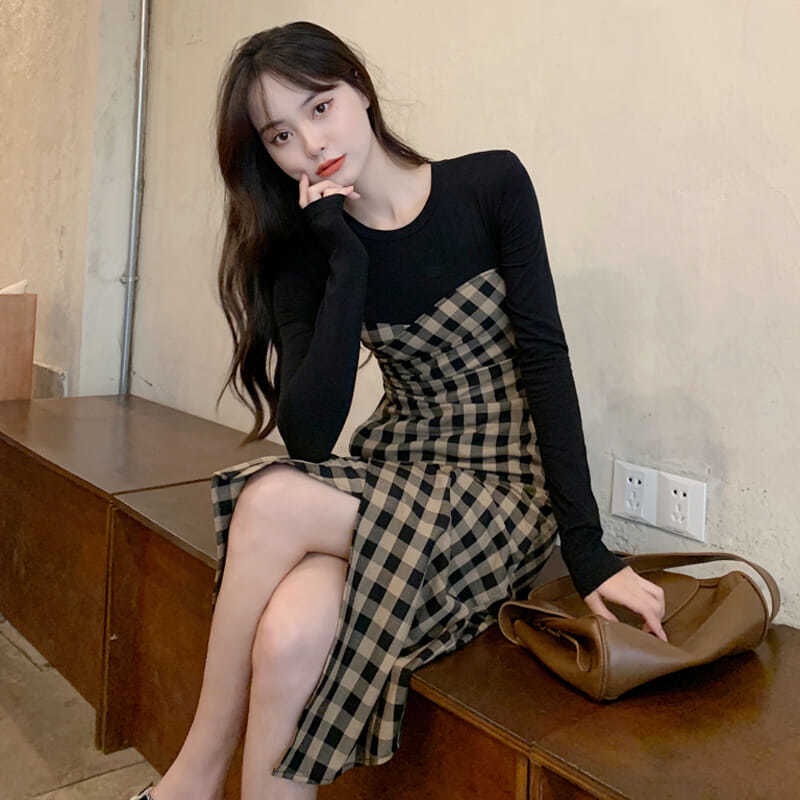 Đầm nữ giả hai lớp phối họa tiết caro phong cách Hàn Quốc mới