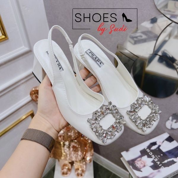 Giày cao gót 7p đế vuông slingback SUDI SHOES SD026 mũi tròn đính đá bản to màu đen trắng dễ phối đồ sang chảnh