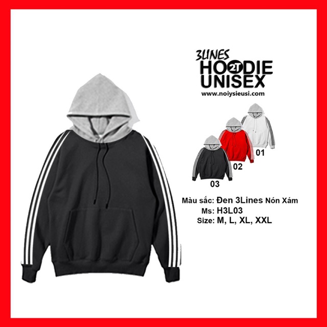 Áo Hoodie 3Lines nón xám unisex 2T Store H3L03 màu đen - Áo khoác nỉ nữ 3 sọc nón may 2 lớp dày dặn chất lượng đẹp