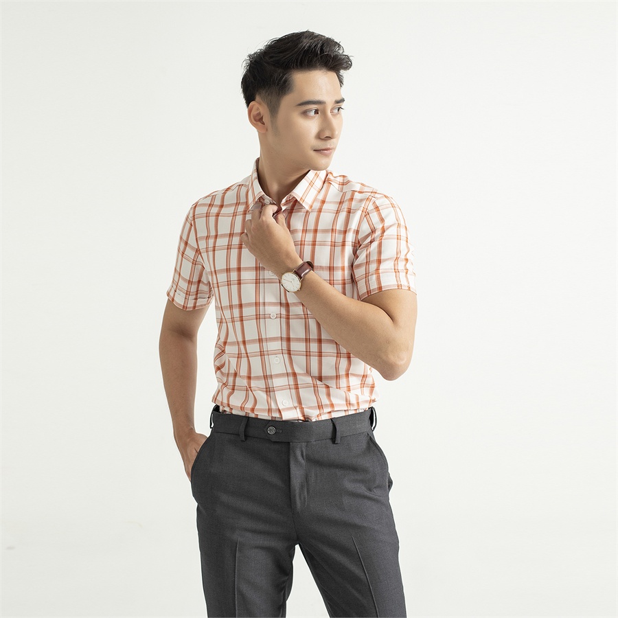 Áo sơ mi nam ngắn tay ARISTINO phom Slim fit, họa tiết kẻ ca rô cam nâu , chất liệu Modal thoáng mát - ASS238S9
