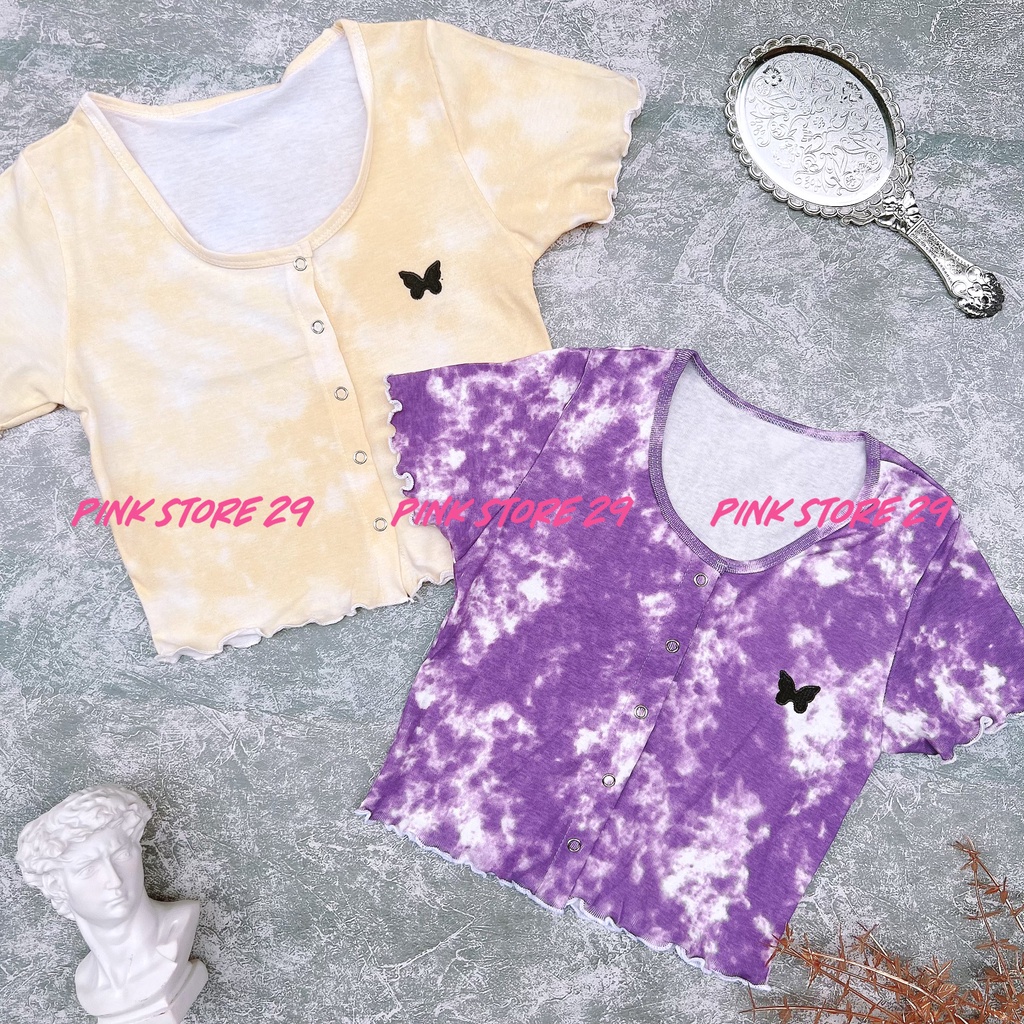 Áo Croptop Body Cổ Tròn Tay Ngắn Cúc Bấm Loang Màu Thêu Bướm  A5086