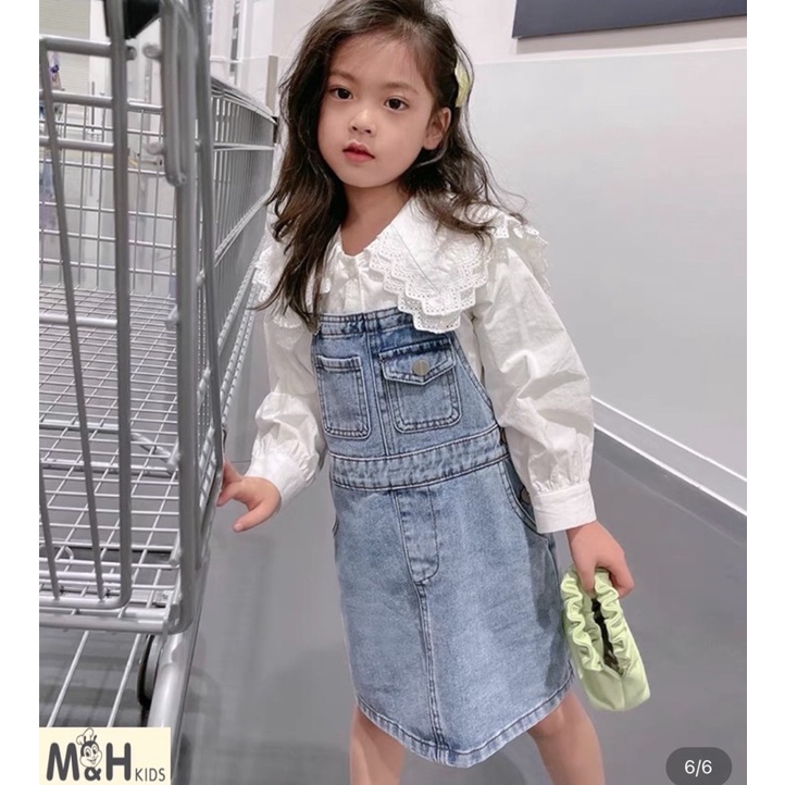 Bộ Yếm Bò Kèm Áo Sơ Mi Cổ Ren Cực Sang Chảnh Cho Bé Gái NIAKI - TT58