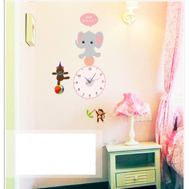 Decal Trang Trí Tường Kèm Đồng Hồ Dán Tường Voi Hồng đáng yêu ( Cao Cấp )