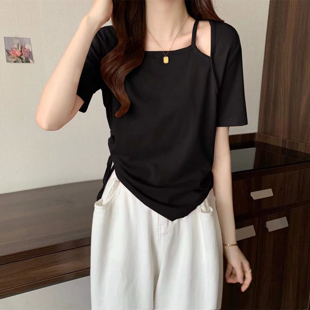 Áo thun tay ngắn giả hai lớp phối dây rút thời trang dành cho nữ JL-TX-117