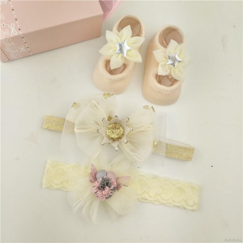 Set vớ cotton + băng đô phối nơ hoa hoạt hình thời trang cho bé 0-2 tuổi