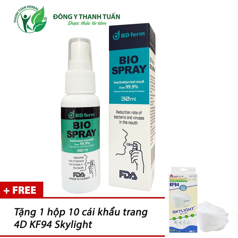 (Hot) Xịt kháng khuẩn miệng và cổ họng S.p.r.a.y Hàn Quốc chai 30ml - Tặng kèm khẩu trang 4D KF94 Skylight có FDA