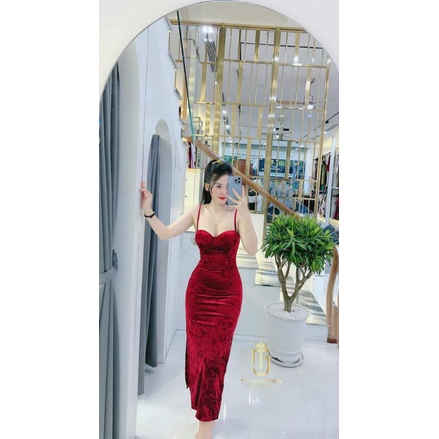 Đầm body nhung 2 dây cúp tròn