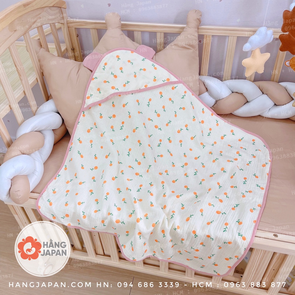 Chăn ủ, ủ choàng xô 2 lớp có đai Muslin đa năng cho bé 75*75 họa tiết ngẫu nhiên
