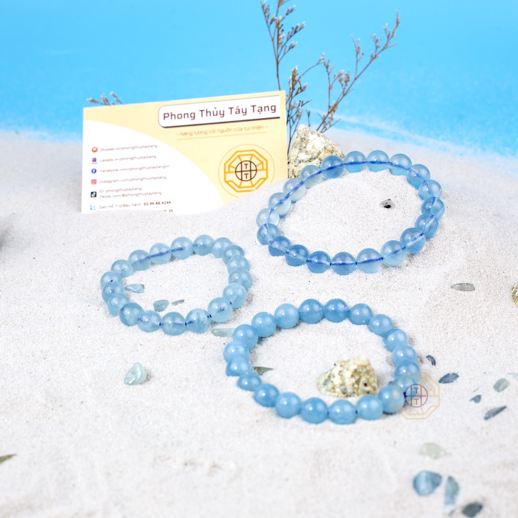 Vòng tay phong thủy Aquamariine  Xanh dương tự nhiên [TẶNG HỘP GỖ] cho nữ mệnh Thủy - Mộc - Phong Thủy Tây Tạng