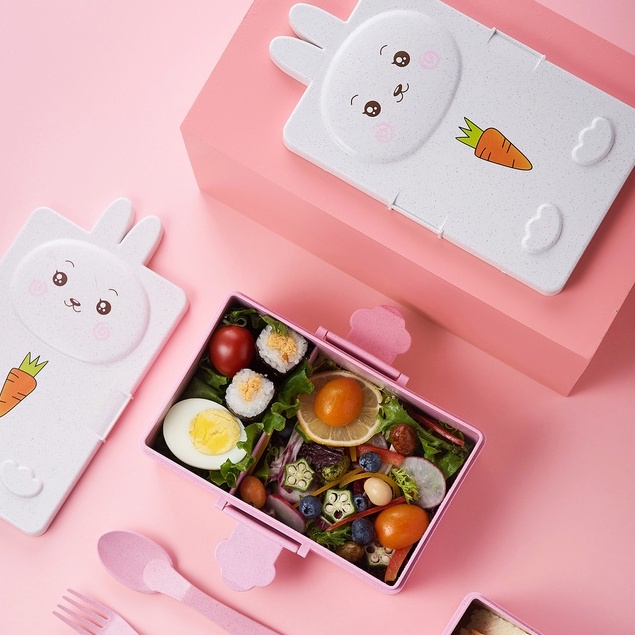 Hộp đựng cơm 2 ngăn lúa mạch kèm đĩa muõng nĩa hình thú