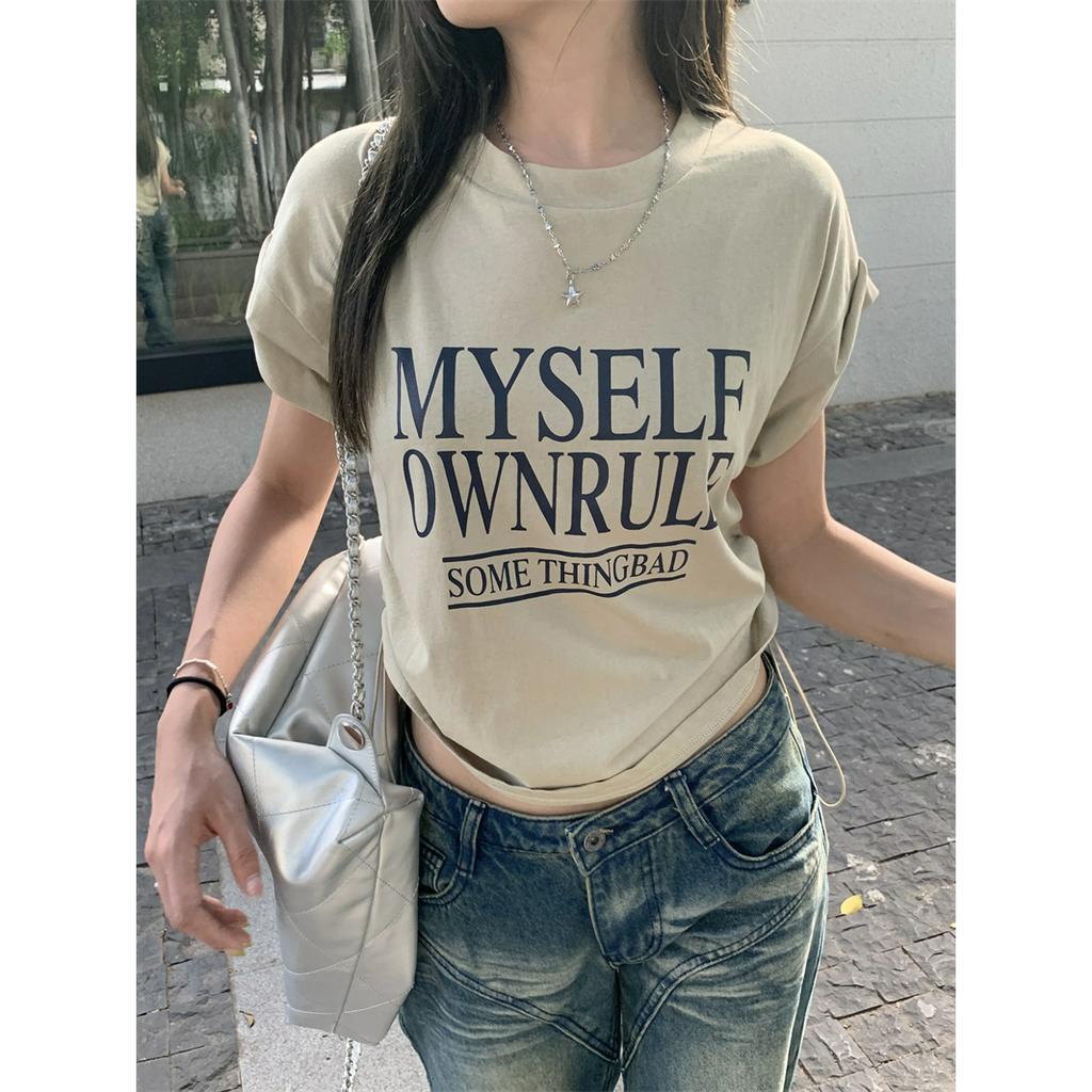 Áo Thun Cộc Tay Cổ Tròn In Chữ Mùa Hè Có Dây Rút Cho Nữ 63973