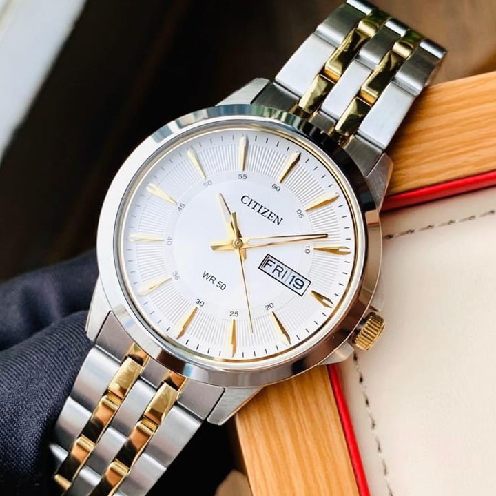 Đồng hồ Nam chính hãng Citizen Quartz BF2018-52A Demi vàng,Mặt trắng,Lịch-Máy Pin-Dây kim loại cao cấp-Size 41mm